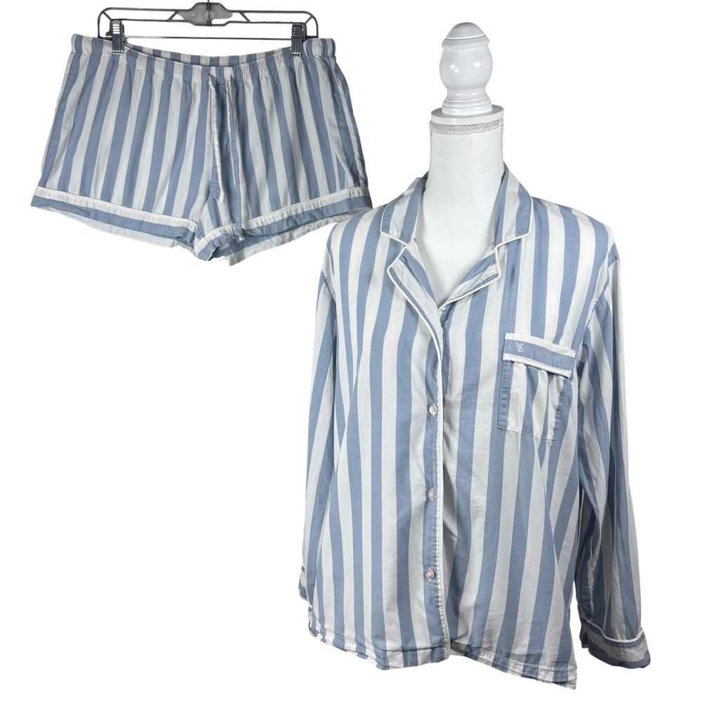 Victoria's Secret Pajama Set Sz L Blue White Striped 2 Piece Rich Girl Old Money